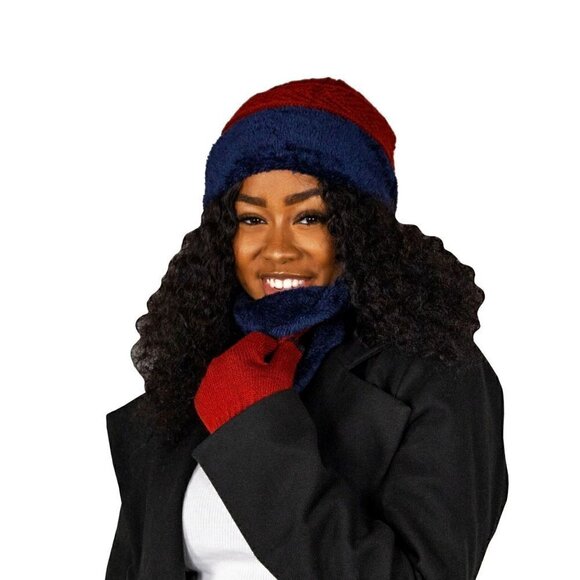 Winter Knit Scarf, Hat and Glove set in red and blue - Picture 1 of 4